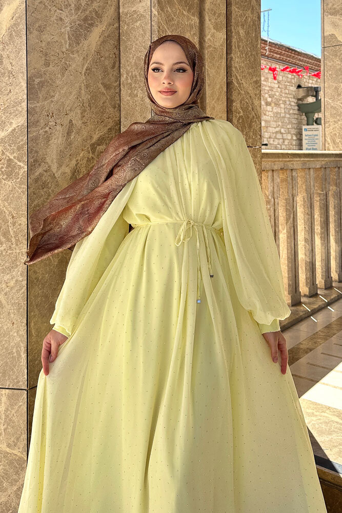 Rosalina Taşlı Şifon Elbise - Sarı 
