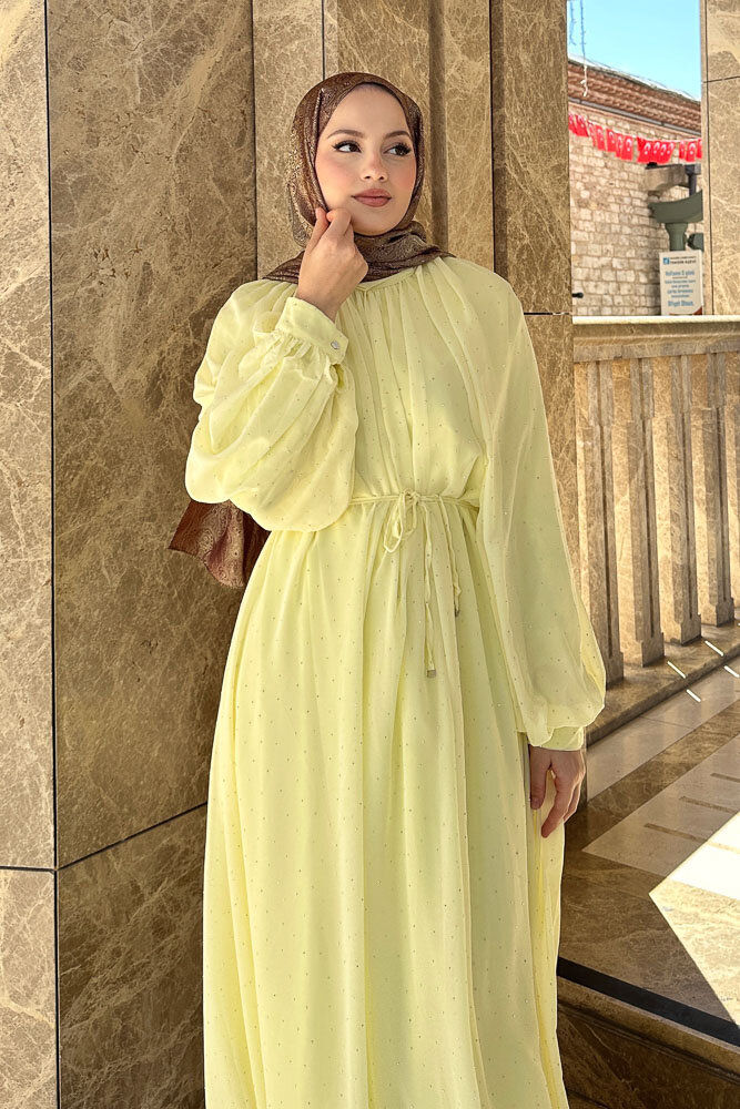 Rosalina Taşlı Şifon Elbise - Sarı - 6