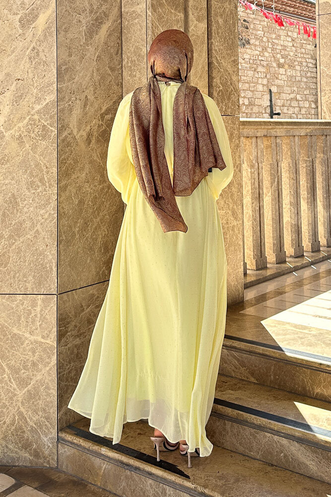 Rosalina Taşlı Şifon Elbise - Sarı - 8