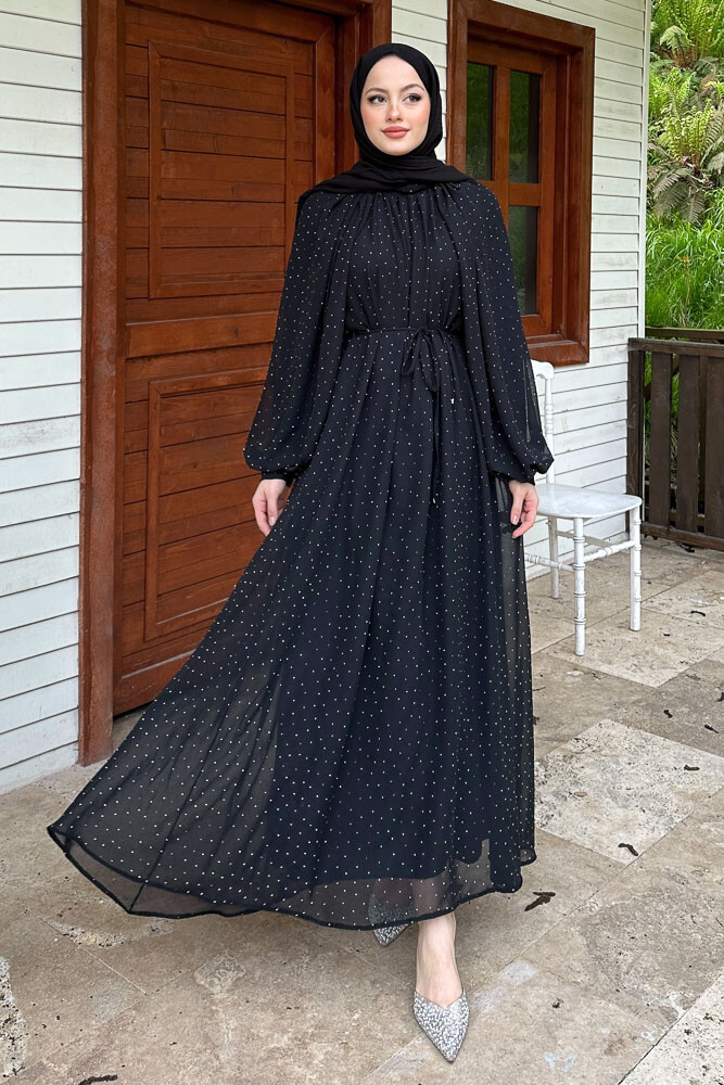 Rosalina Taşlı Şifon Elbise - Siyah - 5