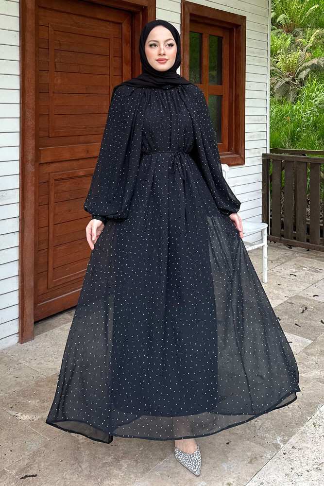 Rosalina Taşlı Şifon Elbise - Siyah - HEWES (1)