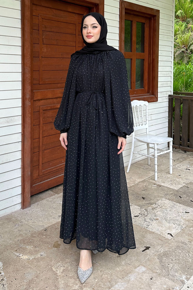 Rosalina Taşlı Şifon Elbise - Siyah - 1