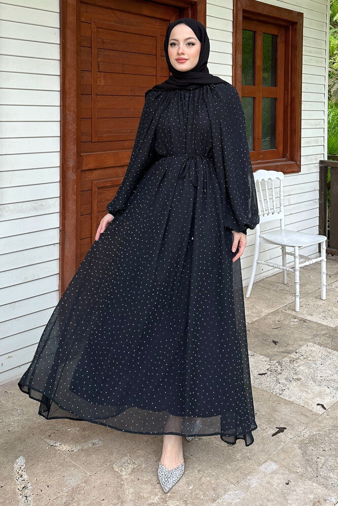 Rosalina Taşlı Şifon Elbise - Siyah - 7
