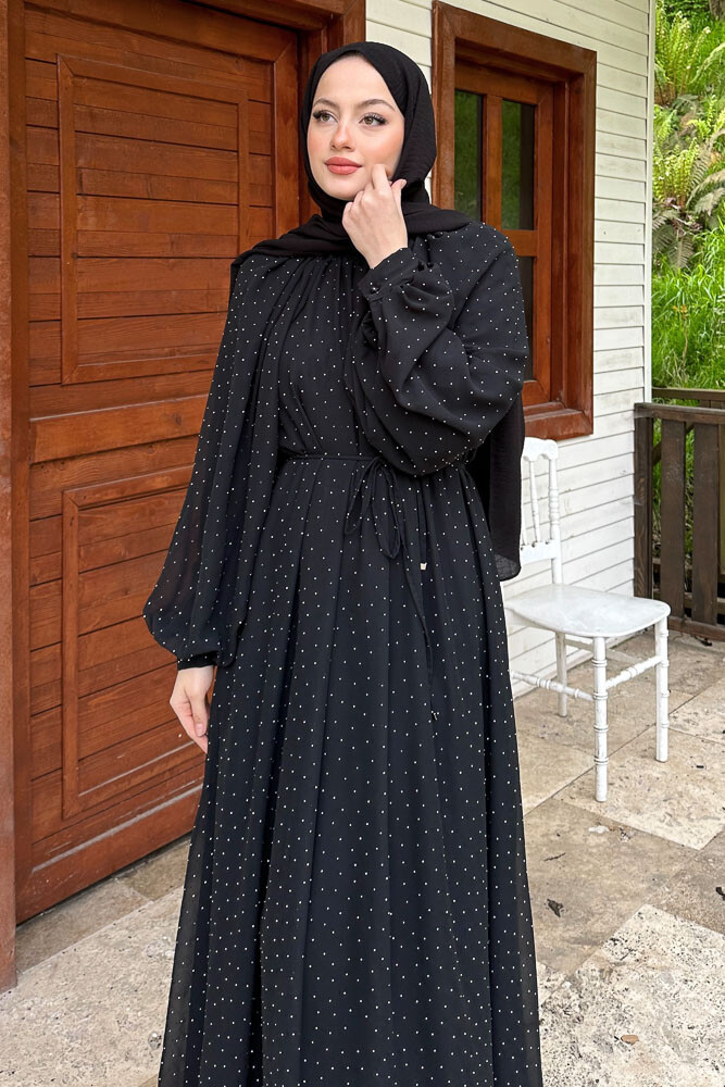 Rosalina Taşlı Şifon Elbise - Siyah - 3