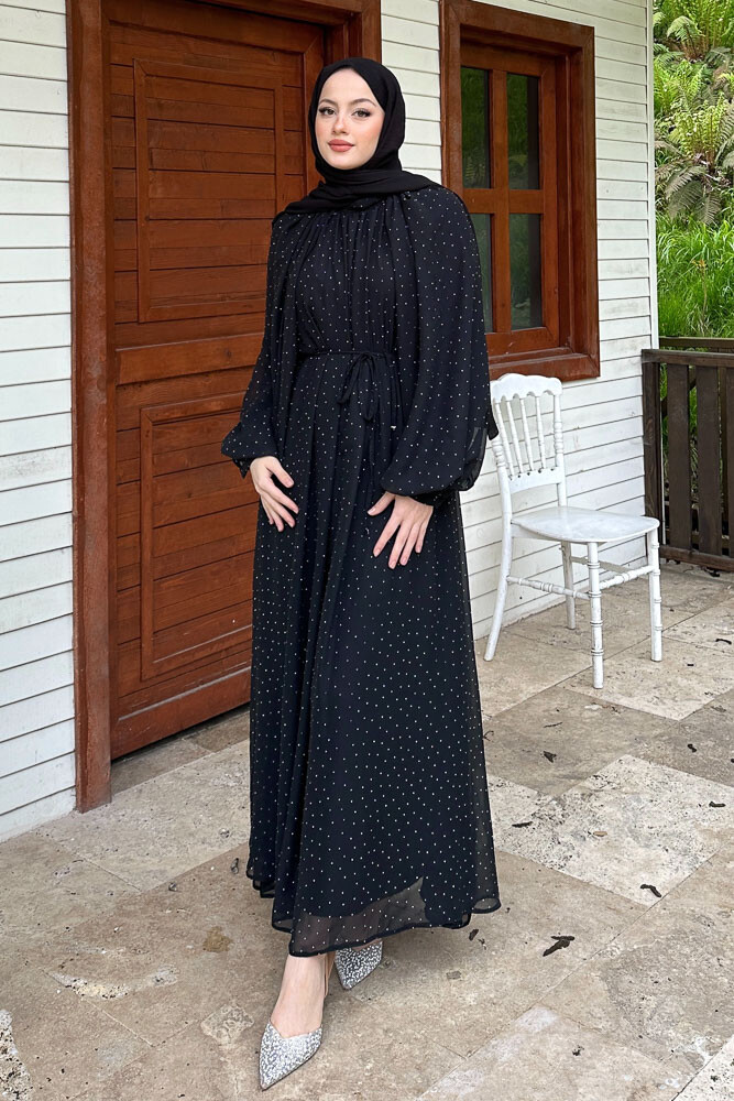 Rosalina Taşlı Şifon Elbise - Siyah - 4