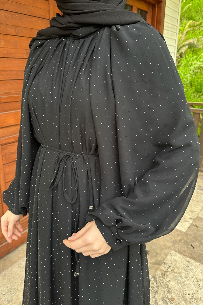 Rosalina Taşlı Şifon Elbise - Siyah - 6
