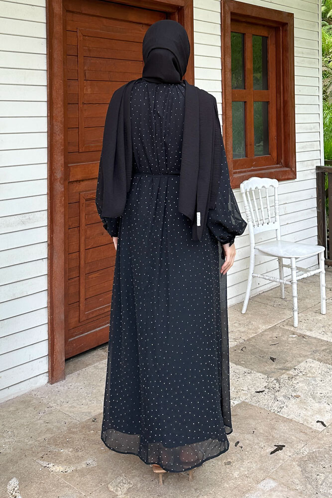 Rosalina Taşlı Şifon Elbise - Siyah - 8