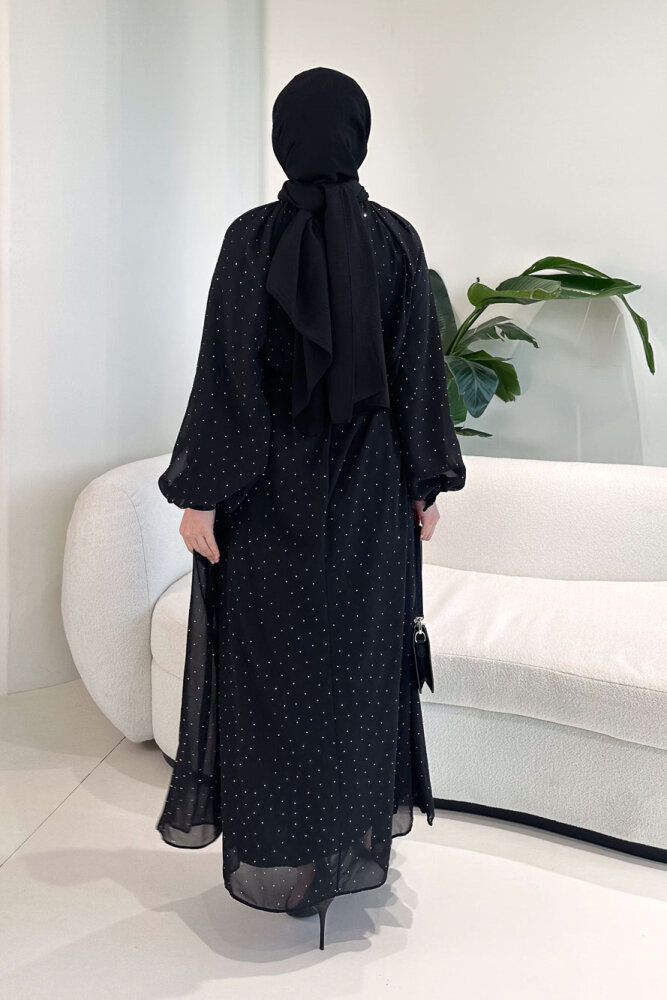 Rosalina Taşlı Şifon Elbise - Siyah - 8