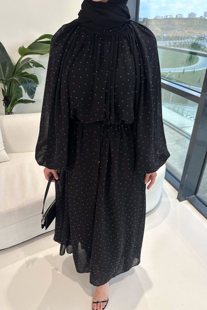 Rosalina Taşlı Şifon Elbise - Siyah - HEWES (2)