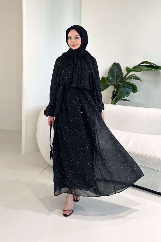 Rosalina Taşlı Şifon Elbise - Siyah - HEWES (3)