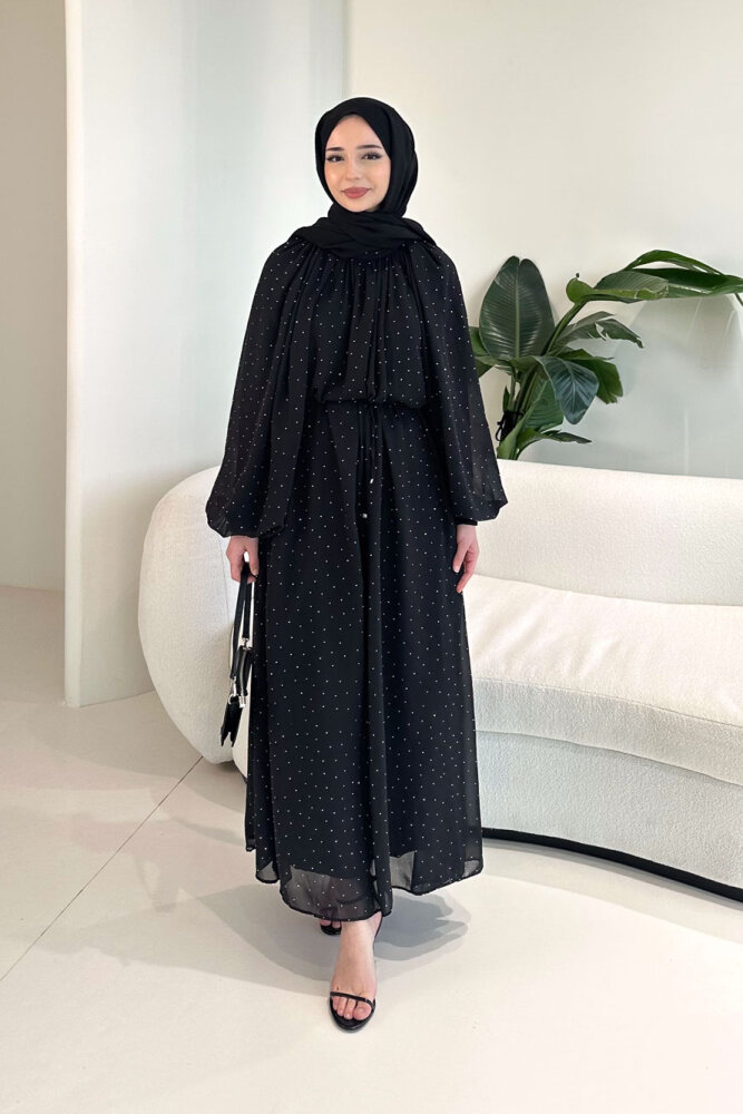 Rosalina Taşlı Şifon Elbise - Siyah - 7