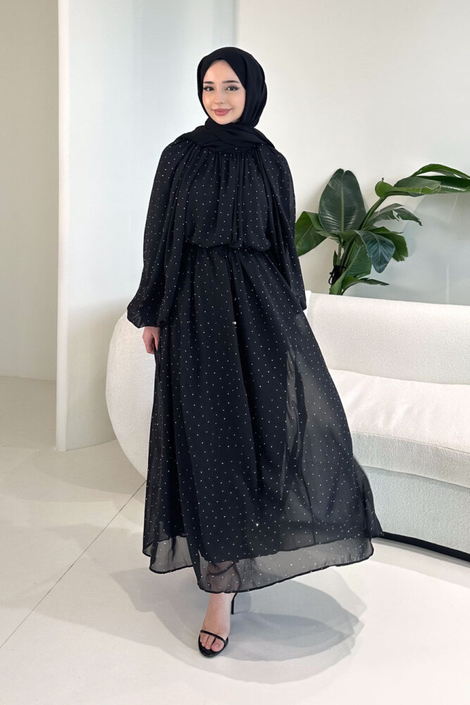 Rosalina Taşlı Şifon Elbise - Siyah 