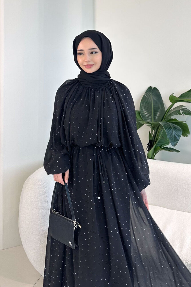 Rosalina Taşlı Şifon Elbise - Siyah - 5