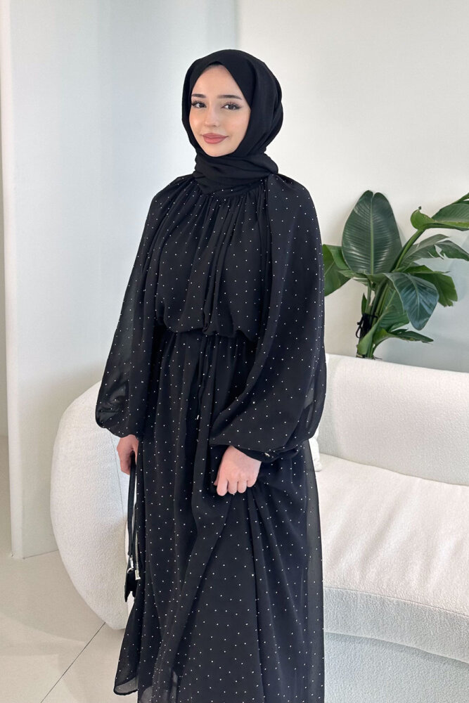 Rosalina Taşlı Şifon Elbise - Siyah - 2