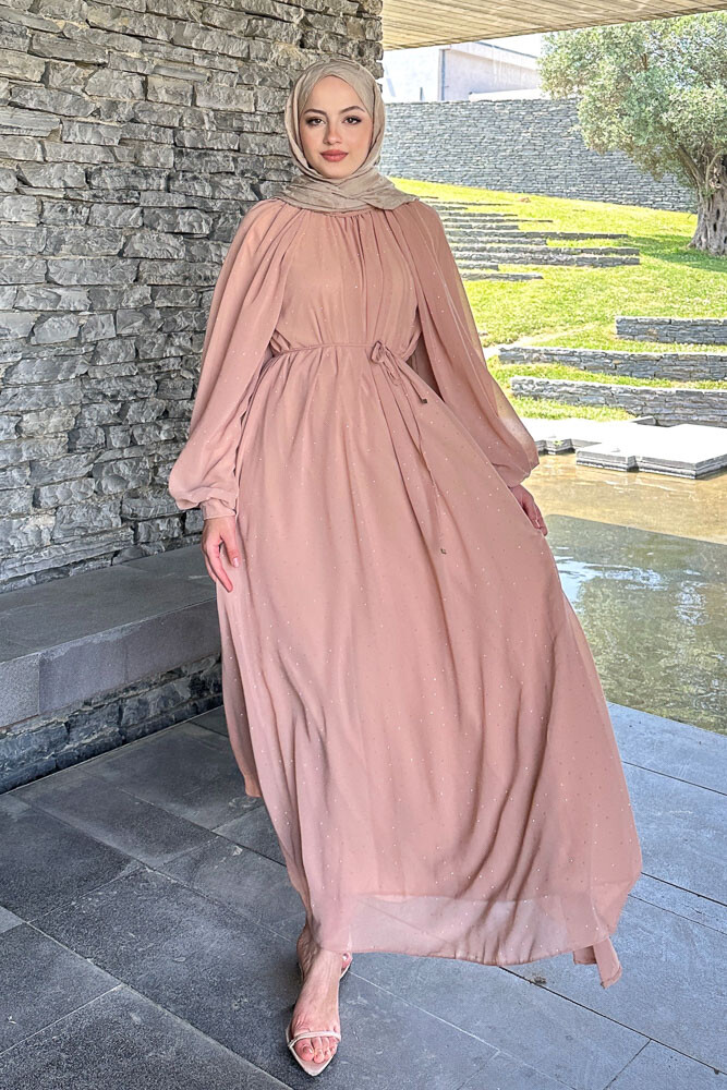 Rosalina Taşlı Şifon Elbise - Taba - HEWES (4)