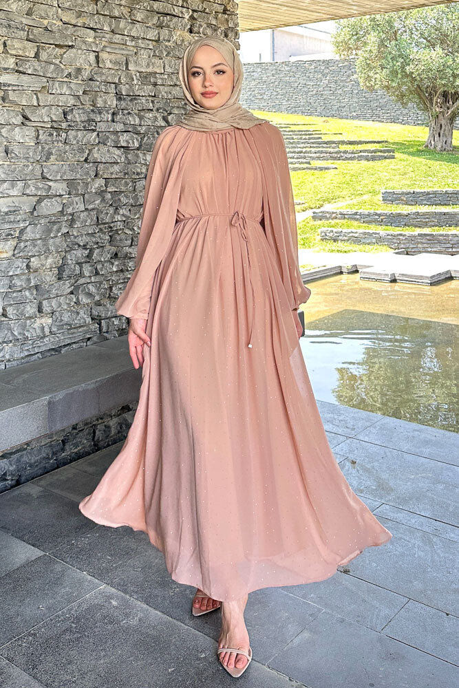 Rosalina Taşlı Şifon Elbise - Taba - 1