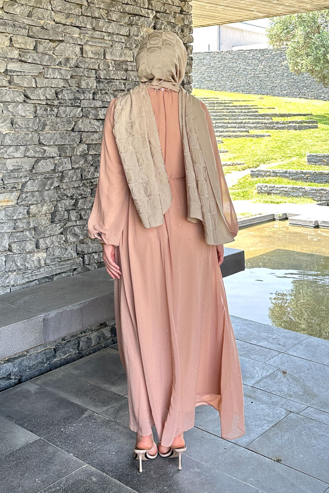 Rosalina Taşlı Şifon Elbise - Taba - 8