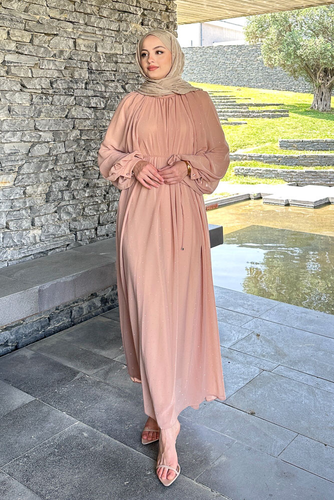 Rosalina Taşlı Şifon Elbise - Taba - HEWES (5)