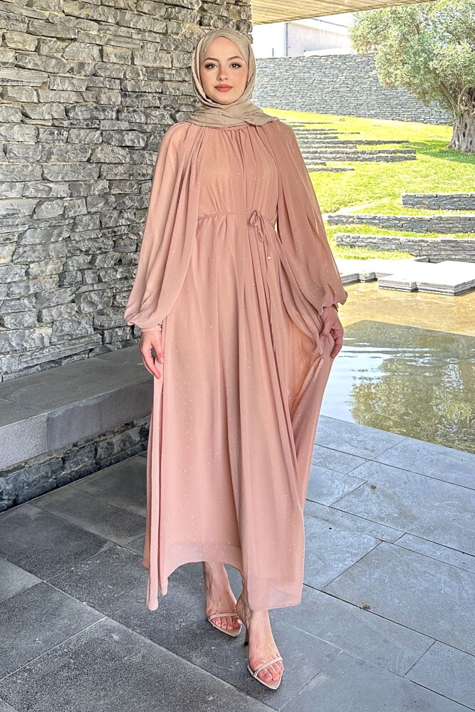 Rosalina Taşlı Şifon Elbise - Taba - 4