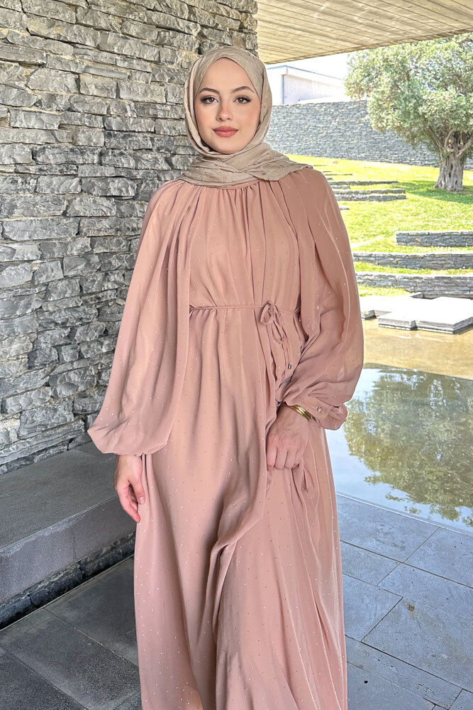 Rosalina Taşlı Şifon Elbise - Taba - HEWES (1)