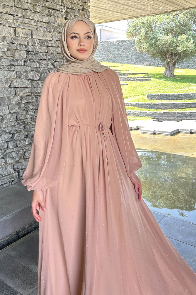 Rosalina Taşlı Şifon Elbise - Taba - 7