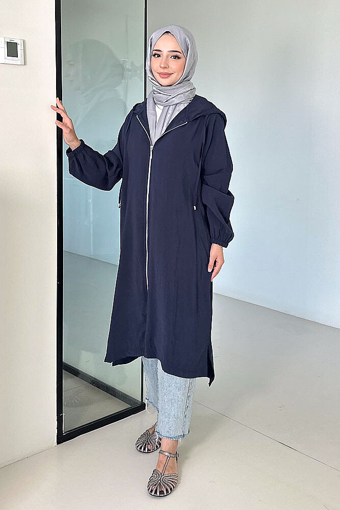 Roselle Fermuarlı Kapüşonlu Kap - Lacivert - 1