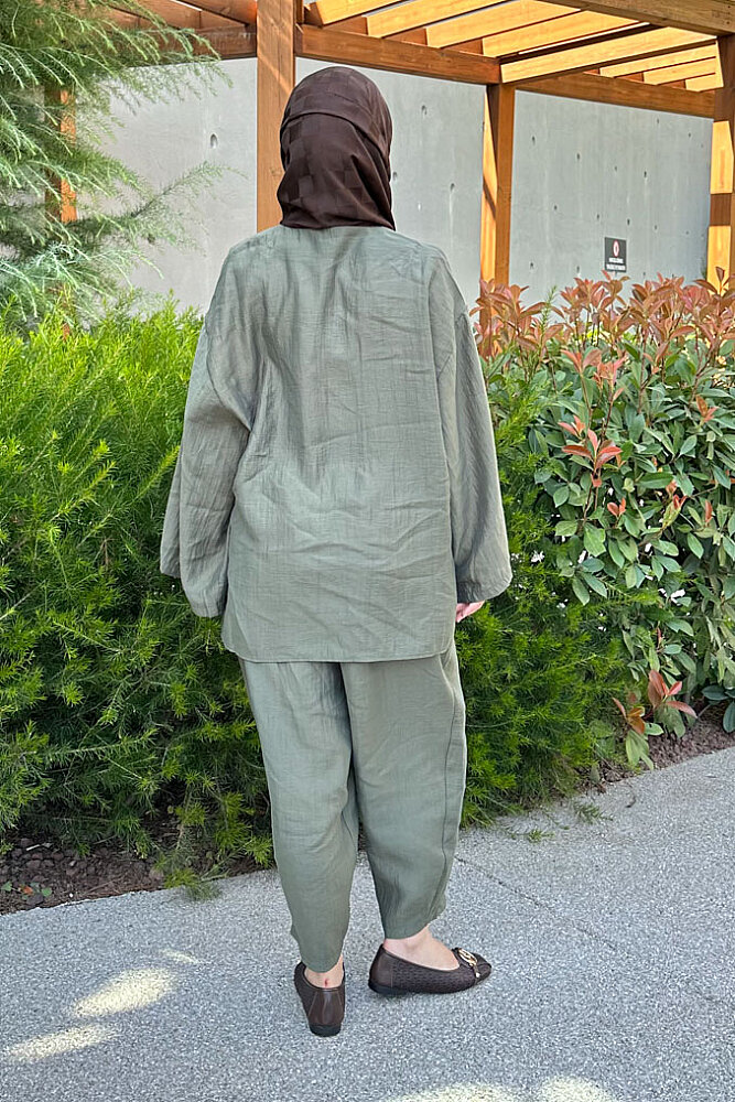 Rovena Tek Düğmeli Modal Takım - Haki - 6