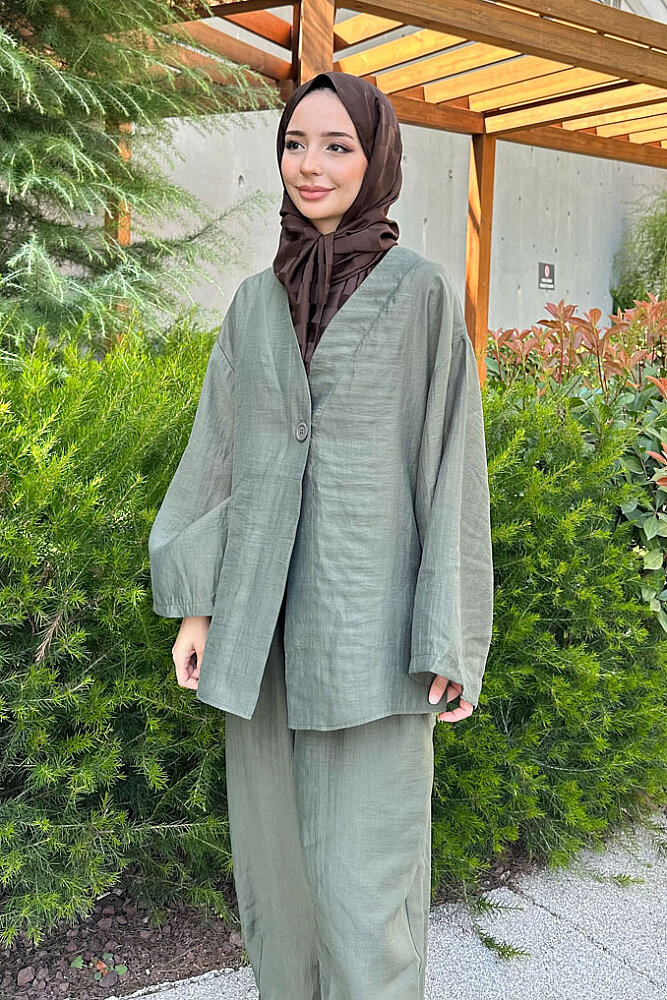Rovena Tek Düğmeli Modal Takım - Haki - 2