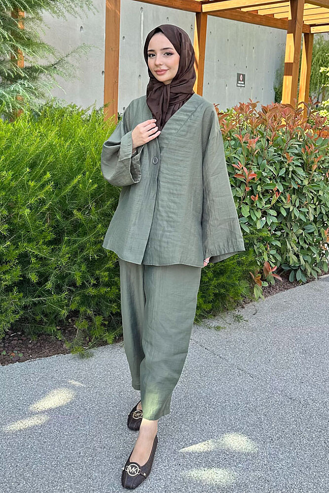 Rovena Tek Düğmeli Modal Takım - Haki - 1
