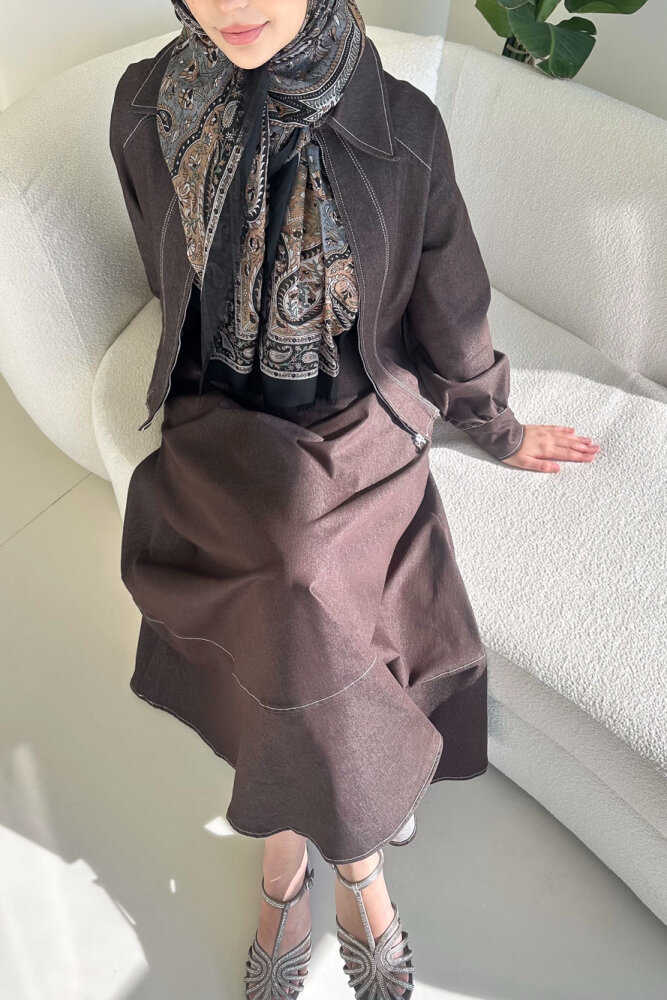 Rovena Yakalı Fermuarlı Kot Etek Takım - Kahverengi - 3