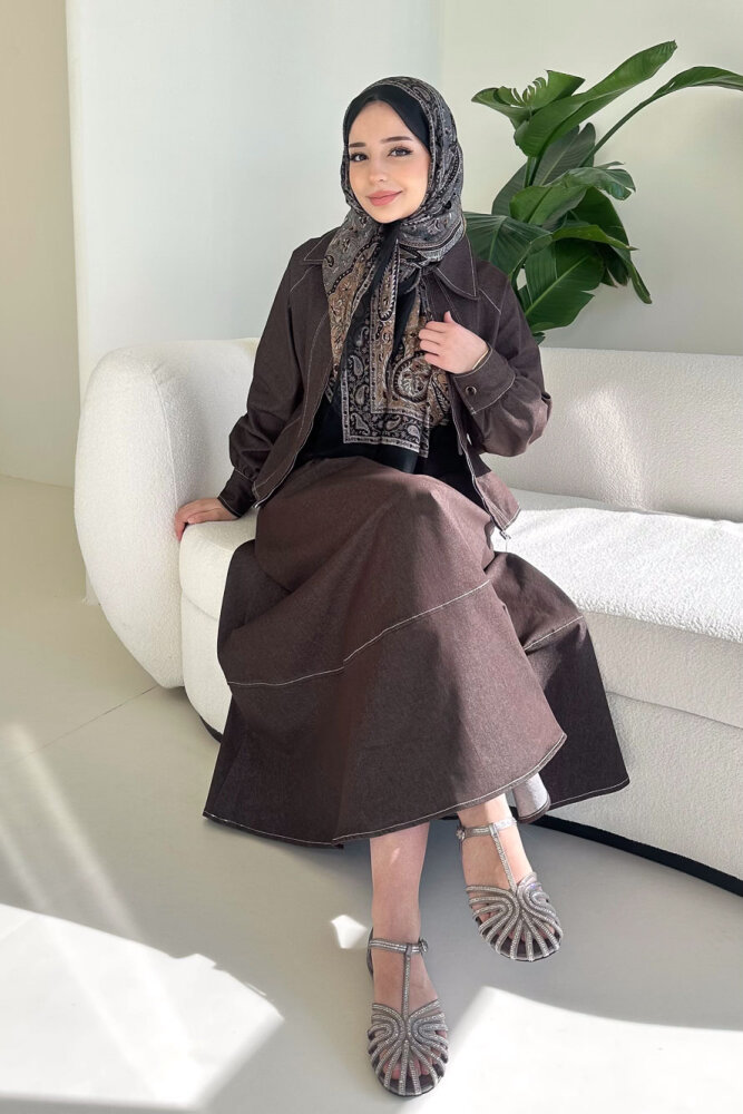 Rovena Yakalı Fermuarlı Kot Etek Takım - Kahverengi - HEWES (1)