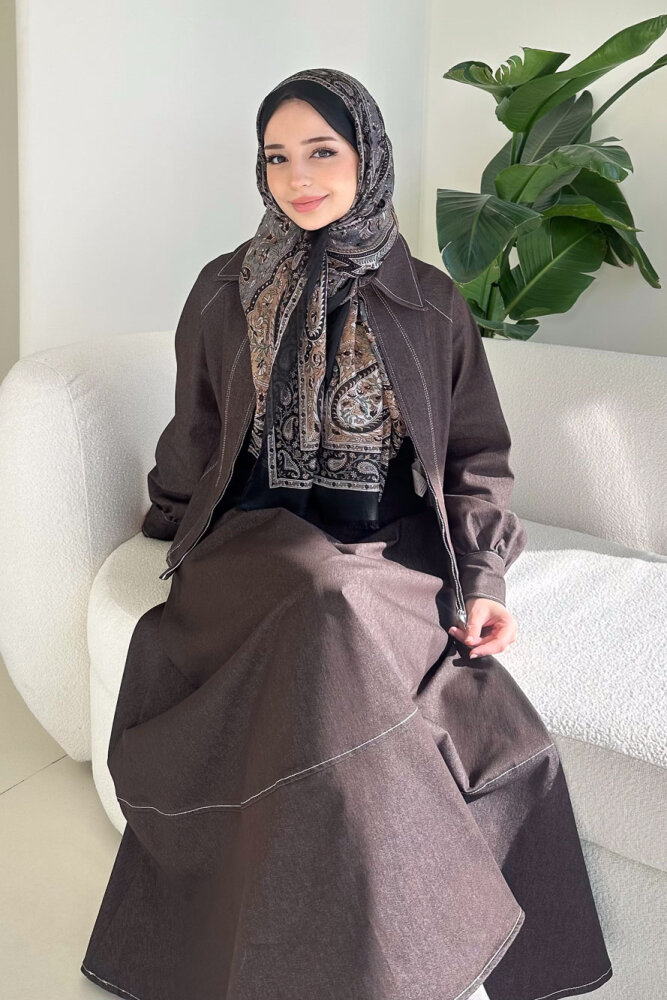 Rovena Yakalı Fermuarlı Kot Etek Takım - Kahverengi - 1