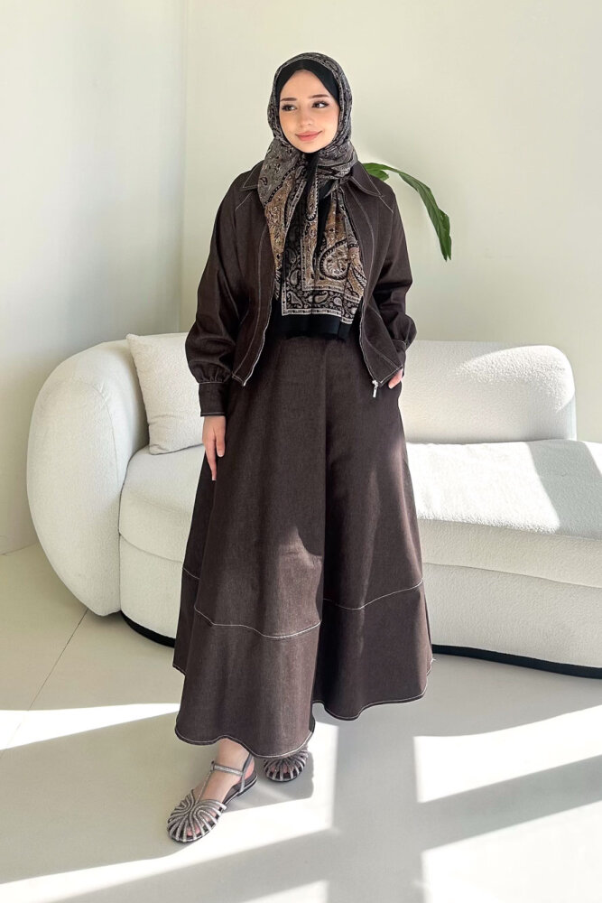 Rovena Yakalı Fermuarlı Kot Etek Takım - Kahverengi - 4