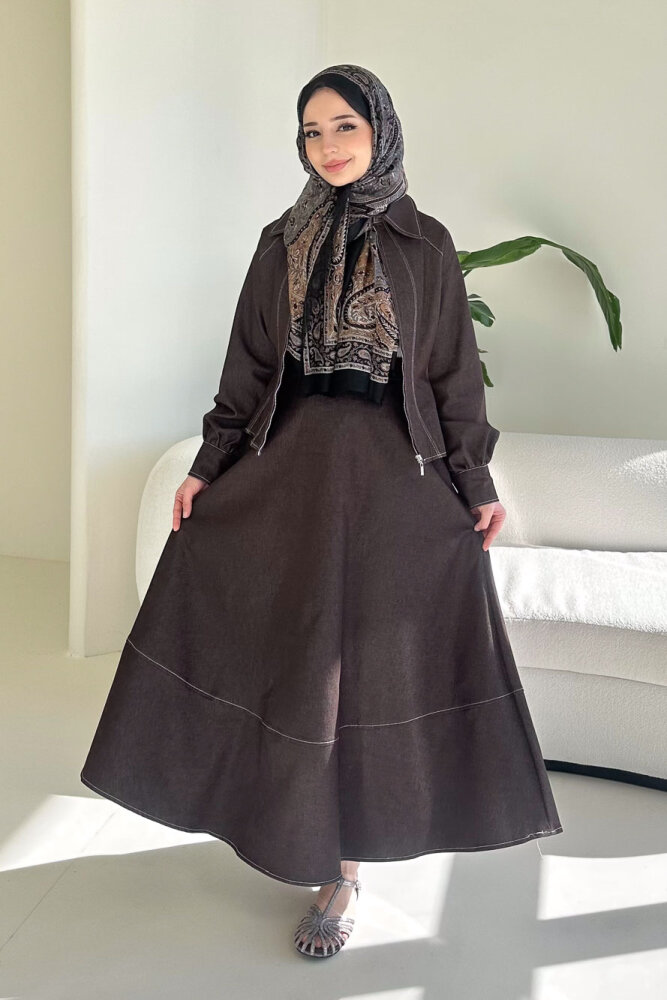 Rovena Yakalı Fermuarlı Kot Etek Takım - Kahverengi - HEWES (5)