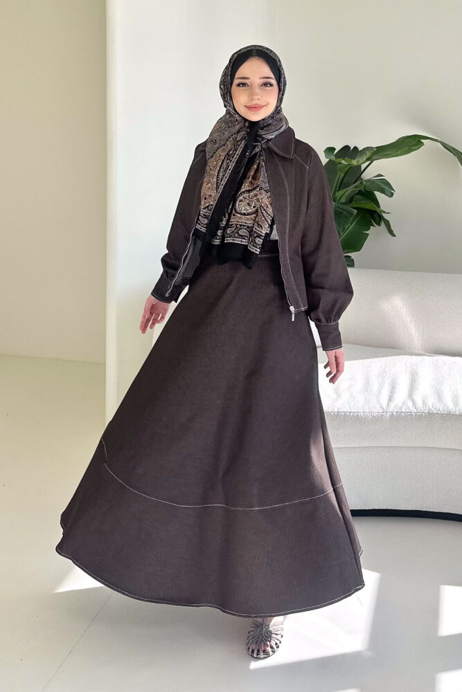 Rovena Yakalı Fermuarlı Kot Etek Takım - Kahverengi - 7