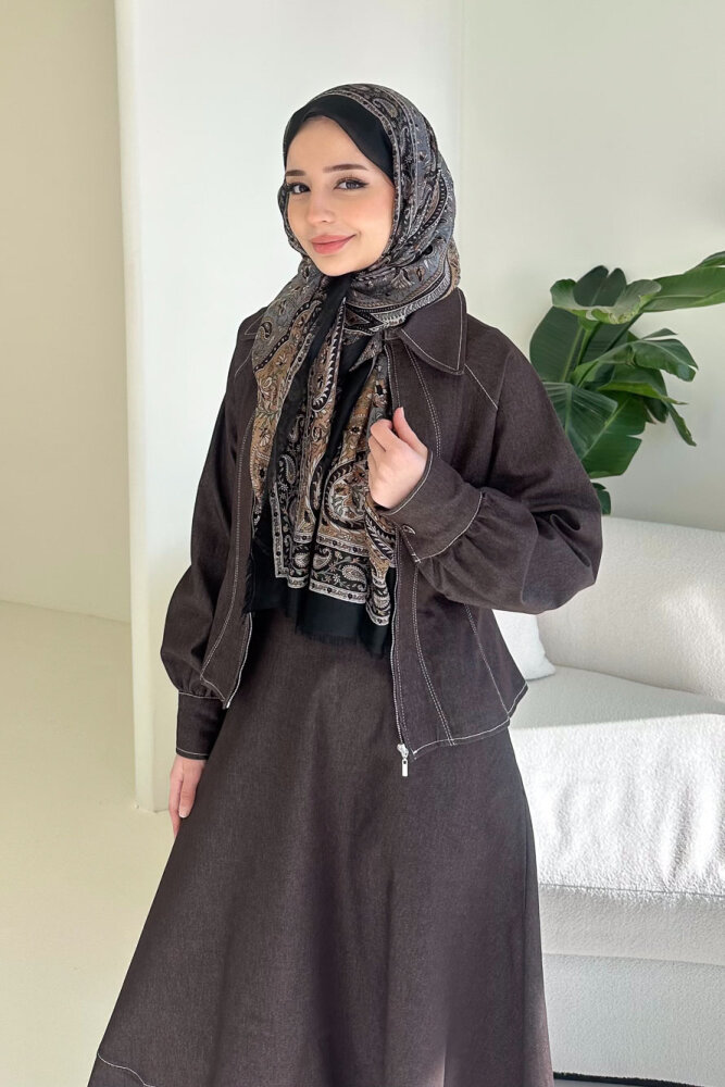 Rovena Yakalı Fermuarlı Kot Etek Takım - Kahverengi - 8