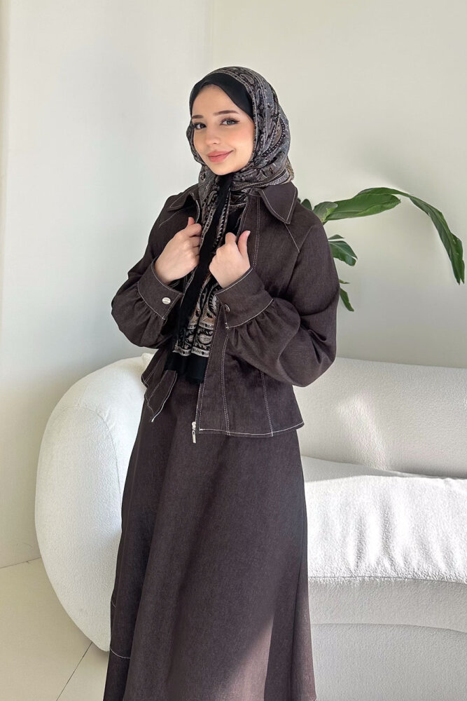 Rovena Yakalı Fermuarlı Kot Etek Takım - Kahverengi - 5