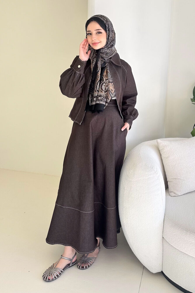 Rovena Yakalı Fermuarlı Kot Etek Takım - Kahverengi - 9