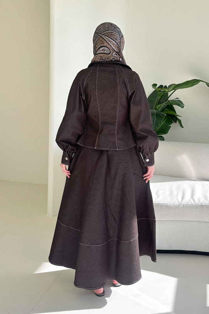 Rovena Yakalı Fermuarlı Kot Etek Takım - Kahverengi - 10