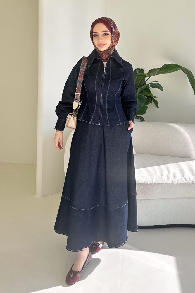 Rovena Yakalı Fermuarlı Kot Etek Takım - Lacivert - HEWES (0)