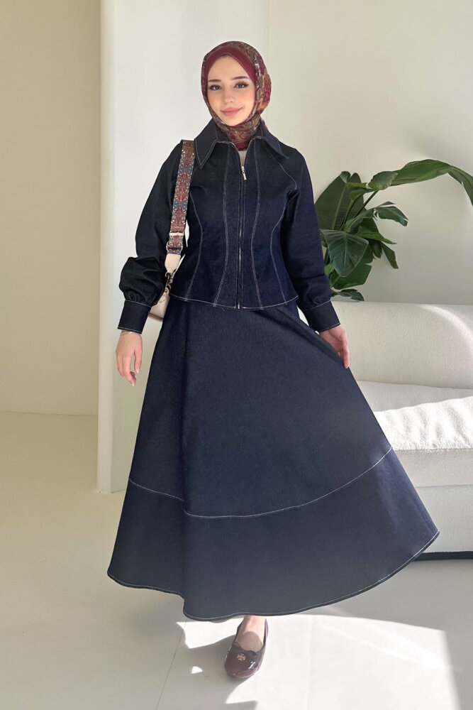 Rovena Yakalı Fermuarlı Kot Etek Takım - Lacivert - HEWES (3)