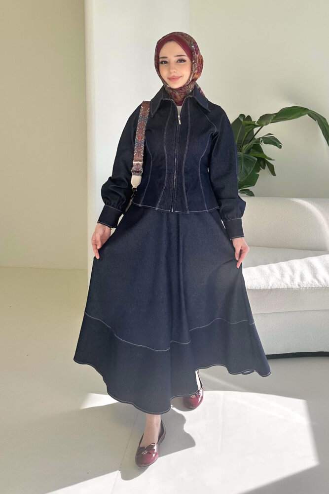 Rovena Yakalı Fermuarlı Kot Etek Takım - Lacivert - 2