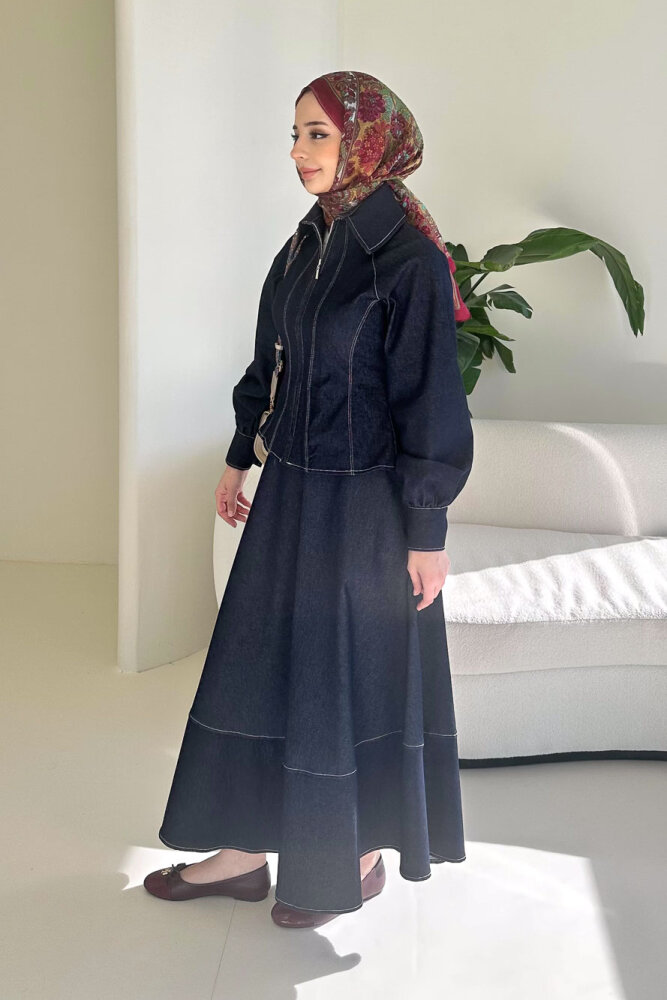 Rovena Yakalı Fermuarlı Kot Etek Takım - Lacivert - HEWES (5)