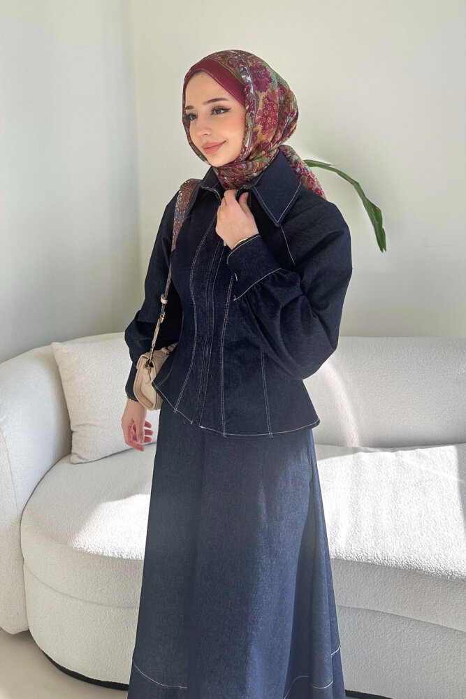 Rovena Yakalı Fermuarlı Kot Etek Takım - Lacivert - 3