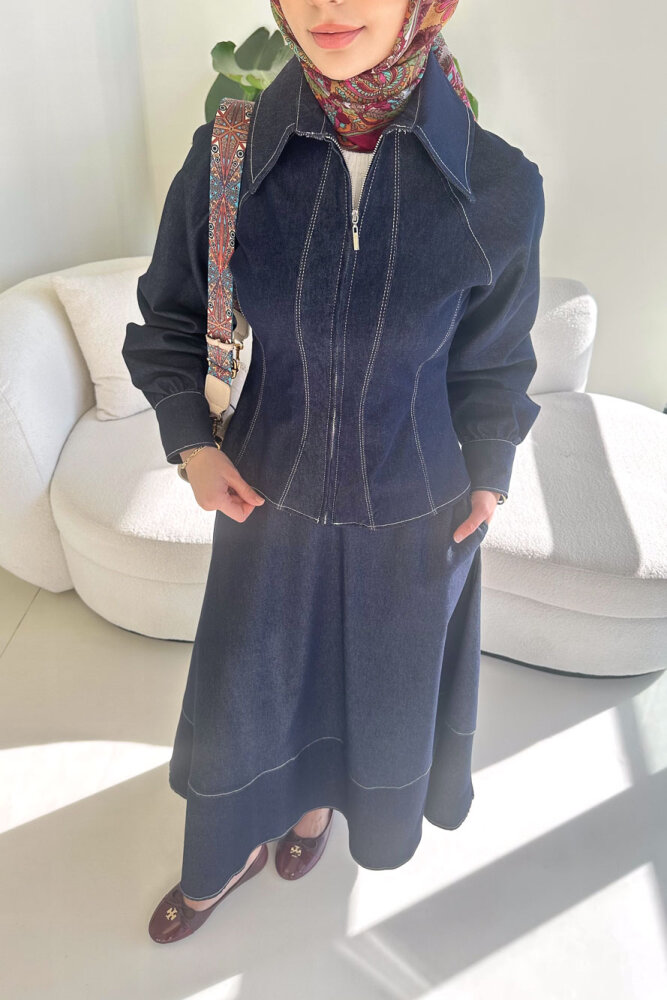 Rovena Yakalı Fermuarlı Kot Etek Takım - Lacivert - 5