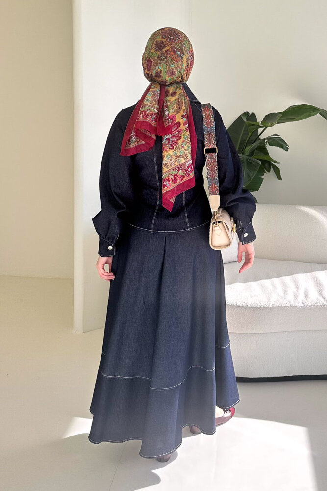 Rovena Yakalı Fermuarlı Kot Etek Takım - Lacivert - 8