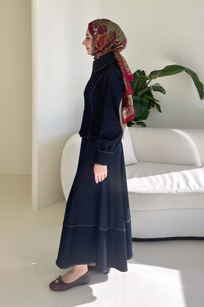 Rovena Yakalı Fermuarlı Kot Etek Takım - Lacivert - 7