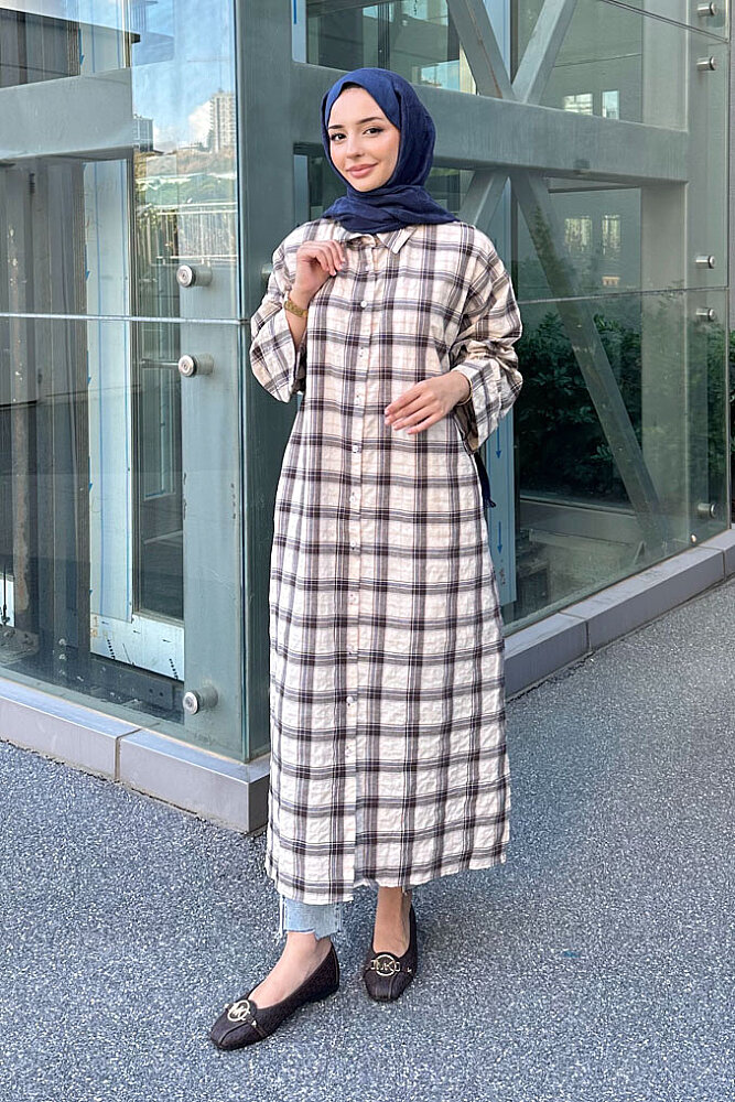 Rowan Ekose Rahat Tunik - Kahverengi/Mavi - 1