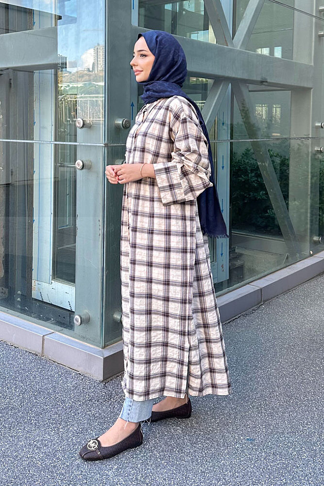Rowan Ekose Rahat Tunik - Kahverengi/Mavi - 4