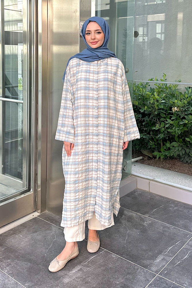 Rowan Ekose Rahat Tunik - Mavi/Bej - 1